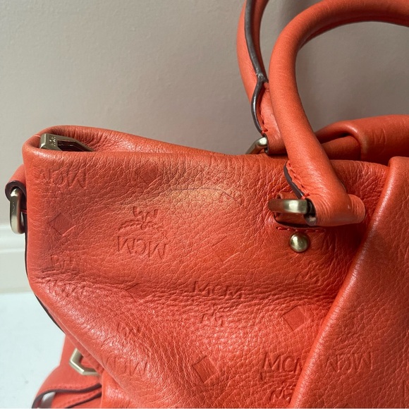 MCM Orange Monogram Embossed Leather Medium Two Way Handbag Tote Crossbody Zip - Picture 3 of 10